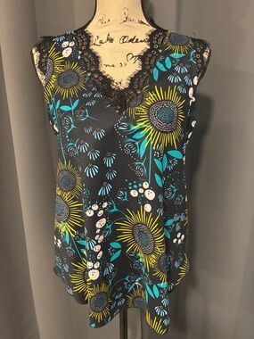 Floral Lace-Trim Camisole - Black with Teal & Yellow Accents